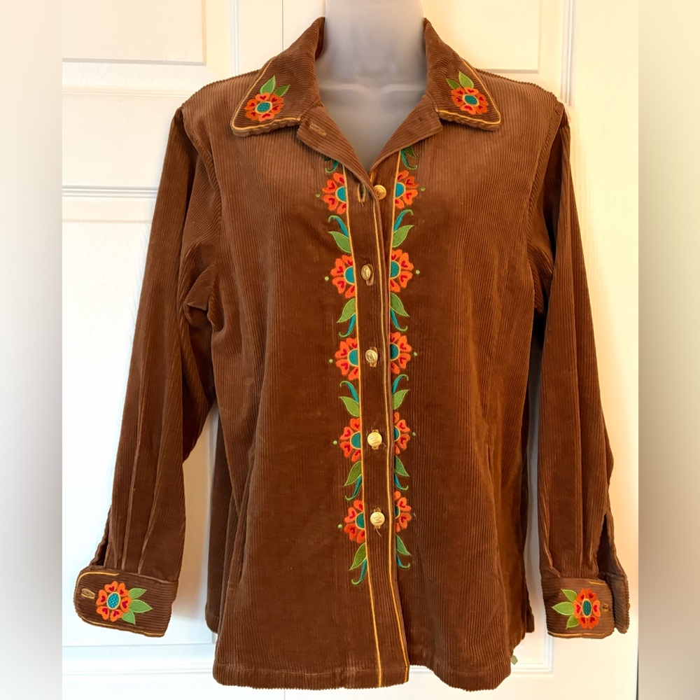 Bob Mackie Wearable Art Brown Corduroy Embroidered Button Down Shirt Top Medium - Picture 3 of 15
